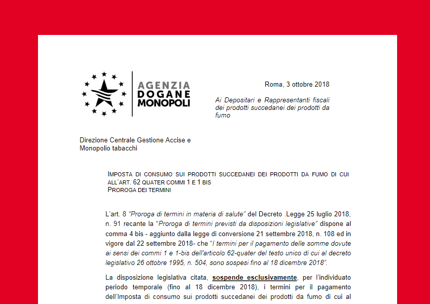 AAMS: Comunicato per i depositari e rappresentanti fiscali dei prodotti succedanei dei prodotti da fumo – D.l. n. 91/2018. Proroga dei termini