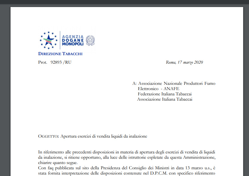Agenzia Dogane e Monopoli: Confermata apertura negozi sigarette elettroniche durante emergenza COVID-19