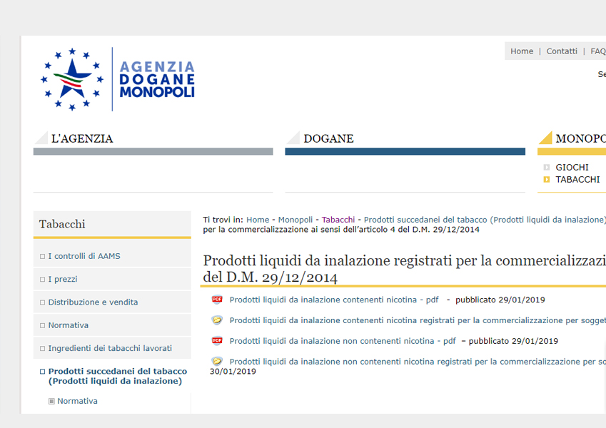 ADM/AAMS: Pubblicata la lista dei liquidi da inalazione registrati per la commercializzazione