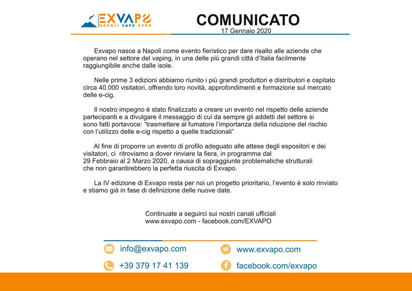 Napoli: Rinviato EXVAPO 2020 in programma dal 29 Febbraio al 2 Marzo 2020
